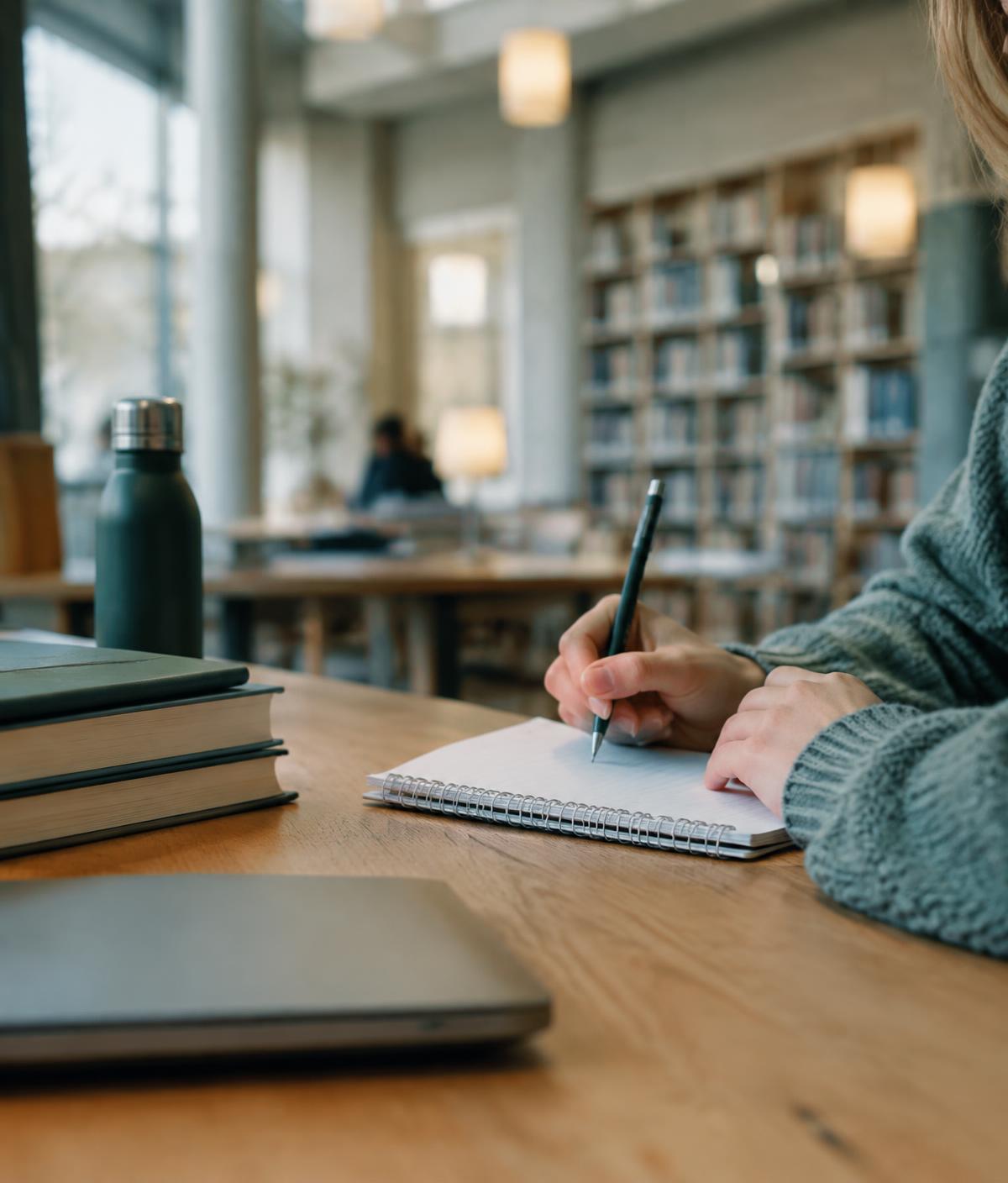 Studerende skriver noter i et bibliotek